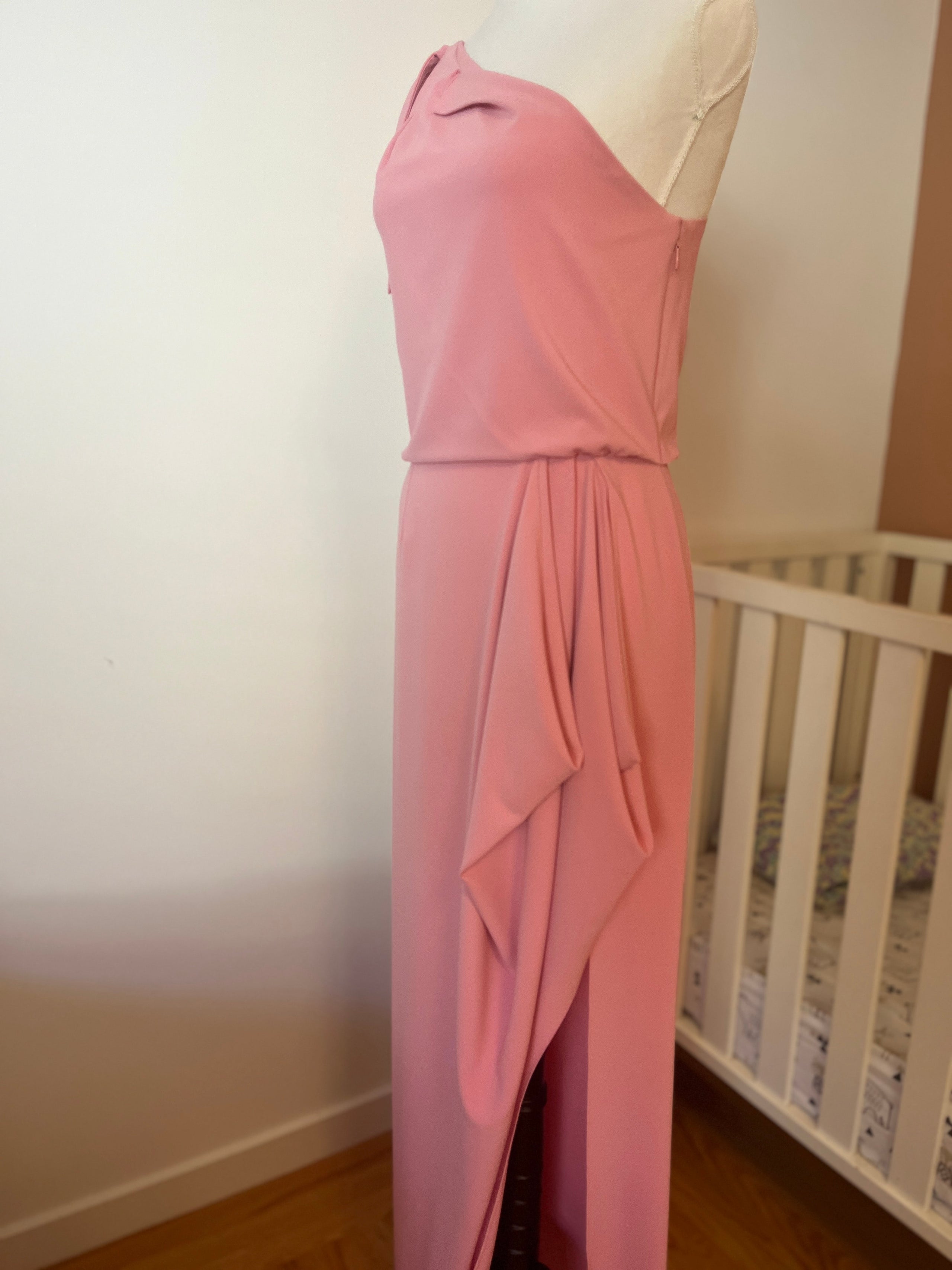 Halston Heritage Peony Crepe Gown 4 One Shoulder Tie Strap Flounce Drape Slit Ladies who Lux